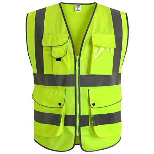 JKSafety Nueve bolsillos Nivel 2 Uniforme trabajo Chaleco con cremallera-Chaleco reflectante fluorescente-Chaleco de segurida