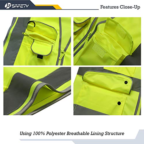 JKSafety Nueve bolsillos Nivel 2 Uniforme trabajo Chaleco con cremallera-Chaleco reflectante fluorescente-Chaleco de segurida