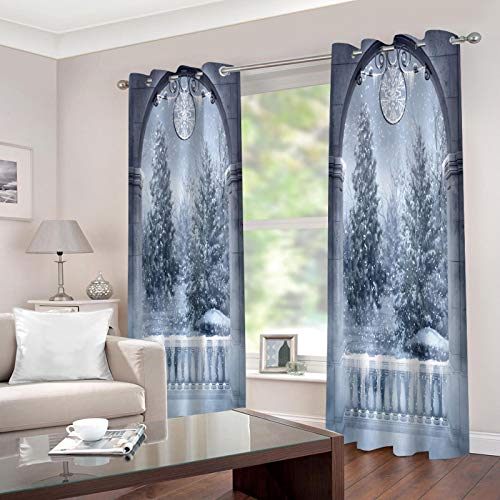 JNWVU Cortina para Habitación Opaca Y Térmica Aislante,200X214Cm Escena De Nieve De Invierno 3D Cortinas De Ojales Dormitorio Moderno Elegante Blackout Curtain Suave para Ventanas De Habitación