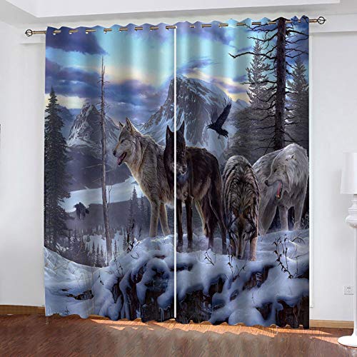 JNWVU Cortina Para Habitación Opaca Y Térmica Aislante,200X214Cm Lobo De Nieve De Animales Del Bosque 3D Cortinas De Ojales Dormitorio Moderno Elegante Blackout Curtain Suave Para Ventanas De Habitaci