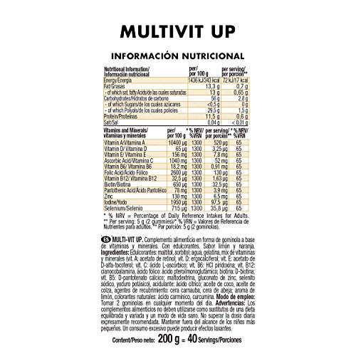 Joe Weider Victory Multivit Up 80 gummies, Sabor naranja y limón, Sin azúcares y sin gluten, Gominolas de vitaminas y minerales