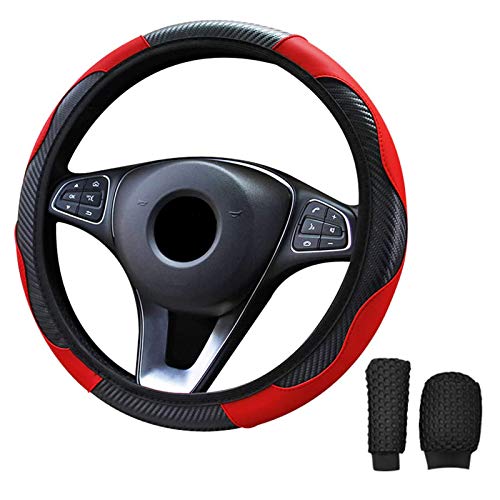 Johiux Funda Volante Coche Universal Cuero de Microfibra Funda Volante 37-38 cm, Cubierta de la Empuñadura de Cambio/Empuñadura del Freno de Mano. (Rojo)