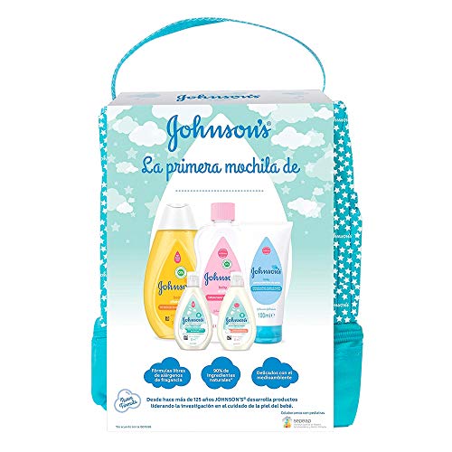 Johnson’s Baby Set de Regalo Mi Primera Mochila, champú Clásico 300ml + Aceite Corporal 300ml + crema protector de pañal de 100ml + loción y gel de baño Cotton Touch 50ml