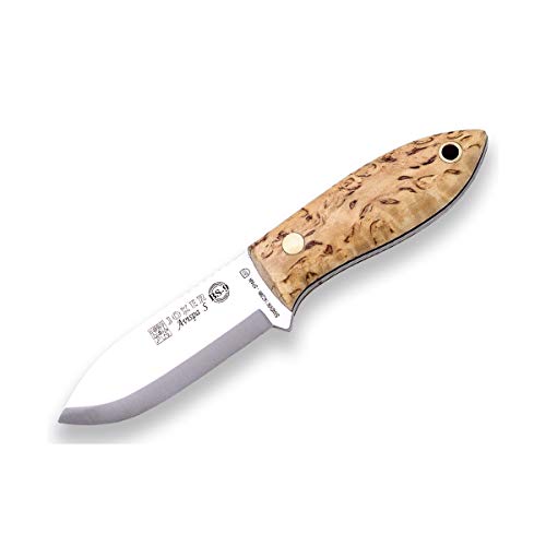 Joker Cuchillo Bushcraft Avispa S CL121, Mango de Abedul Rizado, Hoja de 8 cm con Agarre en el Lomo, Incluye Funda de Cuero marrón, Herramienta de Pesca, Caza, Camping y Senderismo