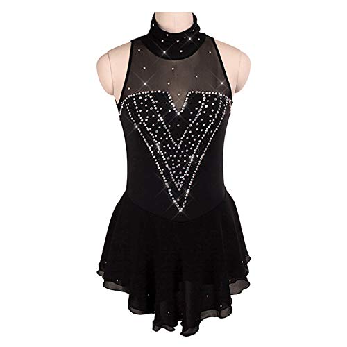 Jolie De Patinaje artístico Outfits Sin Mangas Ropa de Deporte Cristal Vestido del Funcionamiento de Patinaje para niñas y Mujeres,Negro,110cm