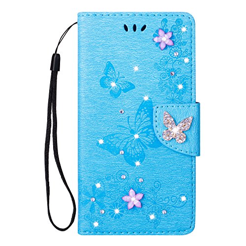 JOMA-E Shop Funda para Huawei Y6 2018, hecha en casa, de piel sintética con brillantes, con ranuras para tarjetas y función de soporte, funda protectora tipo libro para Huawei Y6 2018 (azul)