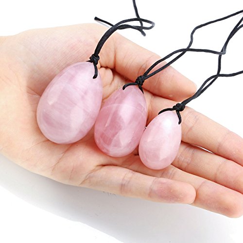 Jovivi 3pcs Cuarzo Rosa Huevo de Ioni percés con Cordel Body Exercise Egg para Mujeres reforzar los músculos del Suelo pélvico Kegel y contra la incontinencia urinaria + Gua Sha Piedras de Massge