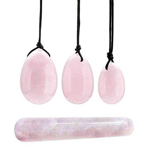 Jovivi 3pcs Cuarzo Rosa Huevo de Ioni percés con Cordel Body Exercise Egg para Mujeres reforzar los músculos del Suelo pélvico Kegel y contra la incontinencia urinaria + Gua Sha Piedras de Massge