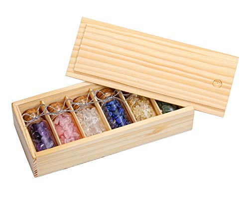 Jovivi - Juego de 6 mini cristales y piedras preciosas. Botellas de cristal. Kit de colección en caja de madera para curación de la meditación Chakra Reiki amuleto de la suerte