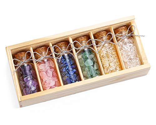 Jovivi - Juego de 6 mini cristales y piedras preciosas. Botellas de cristal. Kit de colección en caja de madera para curación de la meditación Chakra Reiki amuleto de la suerte