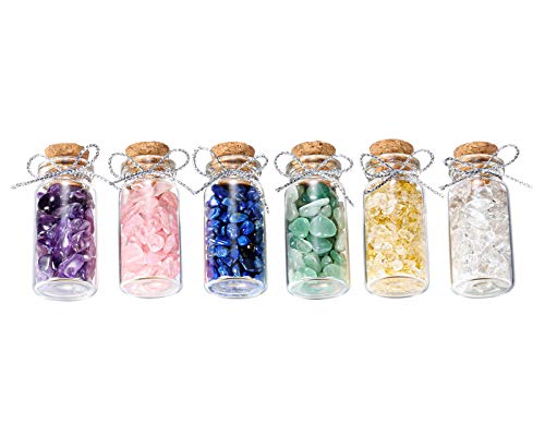 Jovivi - Juego de 6 mini cristales y piedras preciosas. Botellas de cristal. Kit de colección en caja de madera para curación de la meditación Chakra Reiki amuleto de la suerte