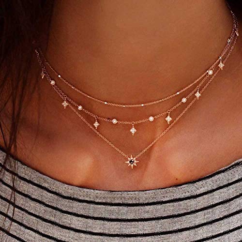 Jovono - Gargantilla de 3 vueltas con estrellas; regalo para el Día de la Madre, cumpleaños de amigas Jovono - Gargantilla de 3 vueltas con estrellas; regalo para el Día de la Madre, cumpleaños de amigas