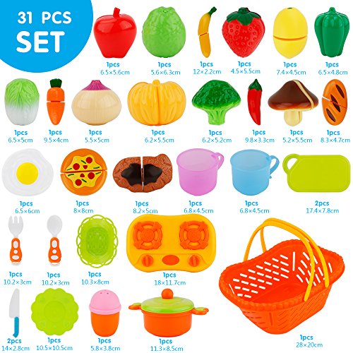 JoyGrow 31 Piezas Cortar Alimentos Juguete Supermercado Carrito de Compras Juguetes con Frutas y Verduras, Juego de rol Cocina Alimentos Accesorios Regalo para Niños Niñas
