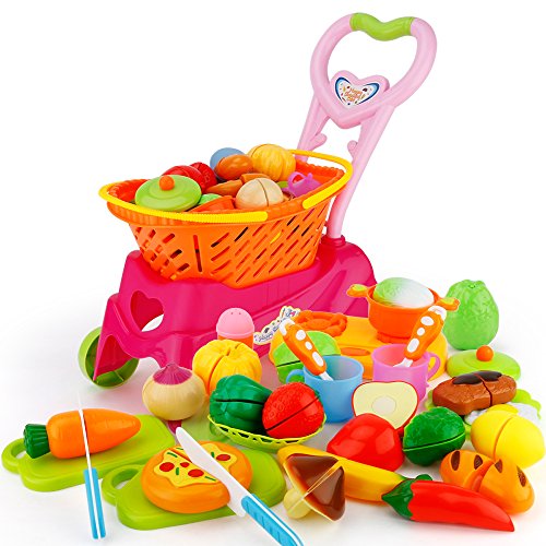 JoyGrow 31 Piezas Cortar Alimentos Juguete Supermercado Carrito de Compras Juguetes con Frutas y Verduras, Juego de rol Cocina Alimentos Accesorios Regalo para Niños Niñas