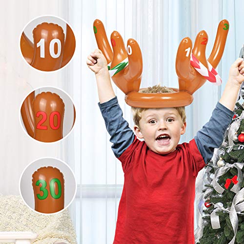 Joyjoz 2 Paquetes de Gorro de Asta de Reno Inflable de Navidad con Anillos, Juego de Lanzamiento de Fiesta para Niños de la Familia de Navidad (2 Astas y 12 Anillos)
