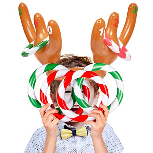 Joyjoz 2 Paquetes de Gorro de Asta de Reno Inflable de Navidad con Anillos, Juego de Lanzamiento de Fiesta para Niños de la Familia de Navidad (2 Astas y 12 Anillos)