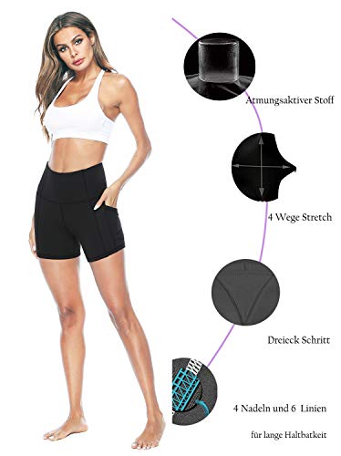 Joyspels - Mallas deportivas cortas para mujer, opacas, con bolsillos y cintura alta, leggings para verano, deporte, entrenamiento, gimnasio, yoga, fitness, yoga, Mujer, color Negro
, tamaño 40 ES/M