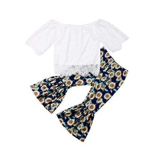 jsadfojas Recién Nacido Niño pequeño Niños Bebé Niñas Top sin Mangas de Encaje Pantalones de Girasol Pantalones Sueltos Conjunto de Trajes de Campana (White, 3-4 Years)