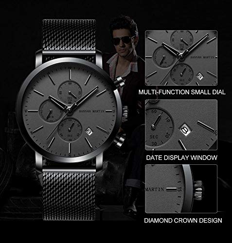 JTTM Reloj Multifuncional De Negocios Informales De Los Hombres De Calendario, Acero Inoxidable con Malla Negro Reloj De Cuarzo Resistente Al Agua Pantalla Mes Calendario Cinturón,Silver White Face