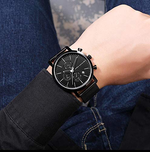 JTTM Reloj Multifuncional De Negocios Informales De Los Hombres De Calendario, Acero Inoxidable con Malla Negro Reloj De Cuarzo Resistente Al Agua Pantalla Mes Calendario Cinturón,Silver White Face