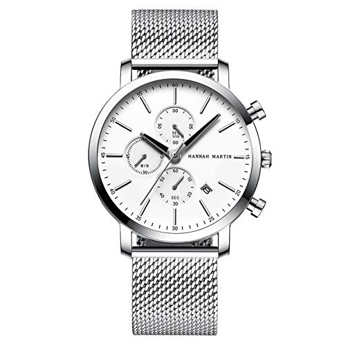 JTTM Reloj Multifuncional De Negocios Informales De Los Hombres De Calendario, Acero Inoxidable con Malla Negro Reloj De Cuarzo Resistente Al Agua Pantalla Mes Calendario Cinturón,Silver White Face