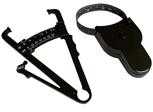 Juego: cinta métrica para cuerpo + grasa Caliper negro | Bíceps Po Piernas Circunferencia / Tamaño + Grasa corporal | Mujeres Hombres | Para Fitness & Deportes