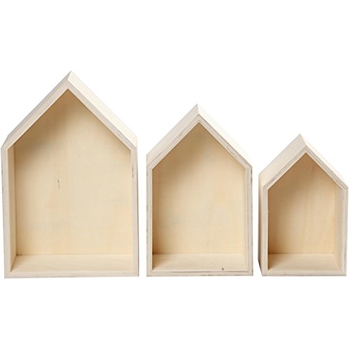 Juego de 3 cajas de madera para estantería, en forma de casas, arte de pared - B-Stock Juego de 3 cajas de madera para estantería, en forma de casas, arte de pared - B-Stock
