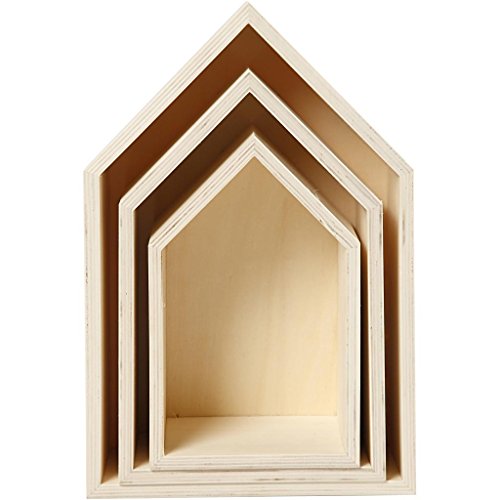 Juego de 3 cajas de madera para estantería, en forma de casas, arte de pared - B-Stock Juego de 3 cajas de madera para estantería, en forma de casas, arte de pared - B-Stock