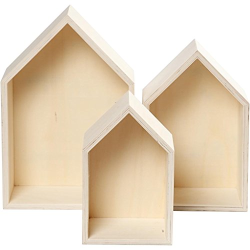 Juego de 3 cajas de madera para estantería, en forma de casas, arte de pared - B-Stock Juego de 3 cajas de madera para estantería, en forma de casas, arte de pared - B-Stock
