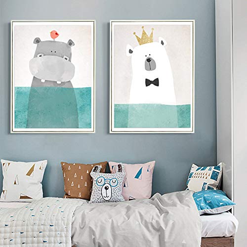 Juego de 3 Cuadros Habitacion Bebe Animales Oso Polar Hipopótamo Posters Niños Ilustraciones para Enmarcar Laminas Nordicas Infantiles Sin Marco NPTWC007-S