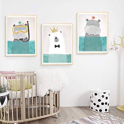 Juego de 3 Cuadros Habitacion Bebe Animales Oso Polar Hipopótamo Posters Niños Ilustraciones para Enmarcar Laminas Nordicas Infantiles Sin Marco NPTWC007-S