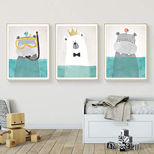 Juego de 3 Cuadros Habitacion Bebe Animales Oso Polar Hipopótamo Posters Niños Ilustraciones para Enmarcar Laminas Nordicas Infantiles Sin Marco NPTWC007-S