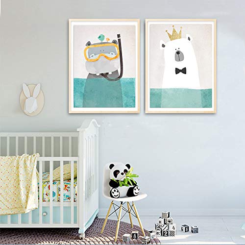 Juego de 3 Cuadros Habitacion Bebe Animales Oso Polar Hipopótamo Posters Niños Ilustraciones para Enmarcar Laminas Nordicas Infantiles Sin Marco NPTWC007-S