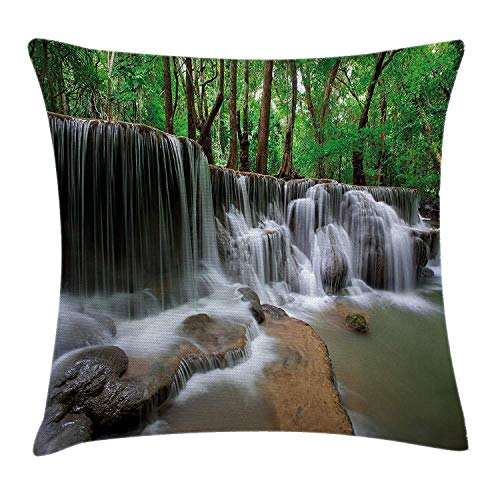 Juego de 4 Nature Throw Pillow Cushion Cover, Waterfall at Forest in Tropical Environment Unusual Woodland Scenery, Decorative Square Accent Pillow Case, 18 X 18 Inches, Forest Green Brown White