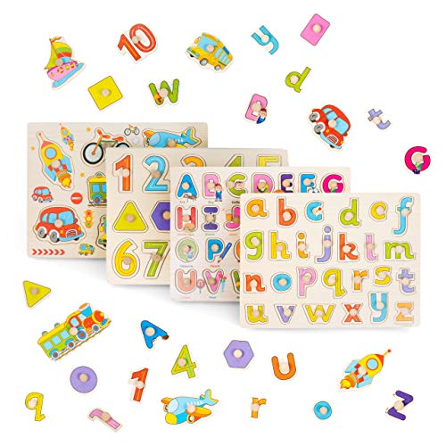 Juego De 4 Puzzle Madera - Alfabeto Abc, Números Y Formas Rompecabezas - Perfecto Para Niños En Edad Preescolar - Ayuda Para La Educación Temprana, Desarrollo Intelectual.