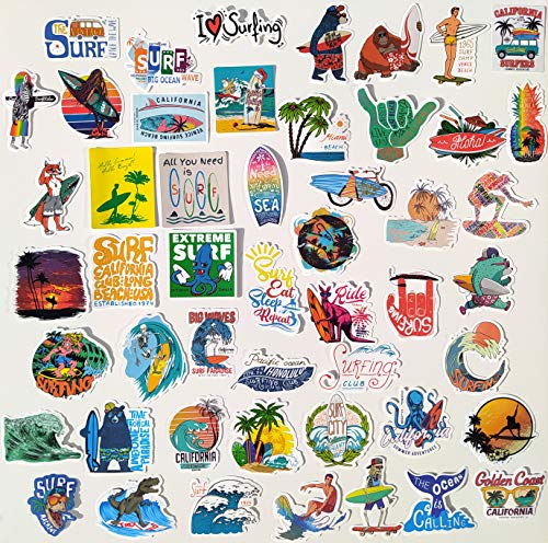 Juego de 50 Pegatinas de Surf Vinilos Impermeable Stickers Surfing, Sport, Ocean, Playa, Calcomanías para Portátil, Auto, Laptop