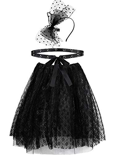 Juego de accesorios para disfraz de los aƱos 50/ 20, incluye diadema con lazo negro, falda de encaje y cintura fina para mujeres y niƱas Juego de accesorios para disfraz de los aƱos 50/ 20, incluye diadema con lazo negro, falda de encaje y cintura fina para mujeres y niƱas