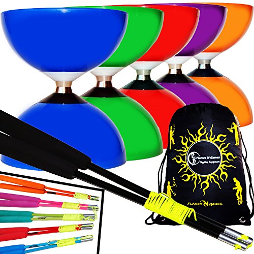 Juego de diábolo con rodamiento de Bolas Carousel + Fibra Diabolo Handsticks, Diabolo Cordel + Diabolos Bolsa de Viaje. (Azul Diabolo + Rojo Palos de Mano)