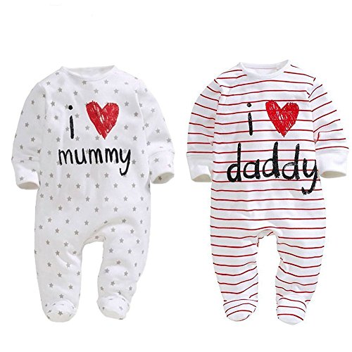 Juego de dos peleles para bebé unixez, marca Aomomo para recién nacidos con mensajes impresos «Quiero a mami», «Quiero a papi» 2pack Talla:3 Month