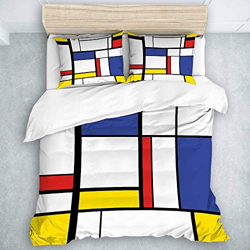 Juego de funda nórdica, cuadrícula, patrón azul, pintura moderna abstracta, Mondrian Avant Bauhaus, rectángulo geométrico, cubismo, color, juego de cama decorativo estándar para niños y niñas, 3 pieza