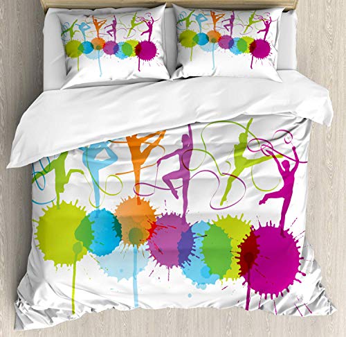 Juego de funda nórdica de gimnasia, siluetas coloridas de mujer con temática de gimnasia rítmica que realizan danza de cinta, juego de cama decorativo de 3 piezas con 2 fundas de almohada, multicolor Juego de funda nórdica de gimnasia, siluetas coloridas de mujer con temática de gimnasia rítmica que realizan danza de cinta, juego de cama decorativo de 3 piezas con 2 fundas de almohada, multicolor