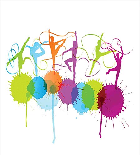 Juego de funda nórdica de gimnasia, siluetas coloridas de mujer con temática de gimnasia rítmica que realizan danza de cinta, juego de cama decorativo de 3 piezas con 2 fundas de almohada, multicolor