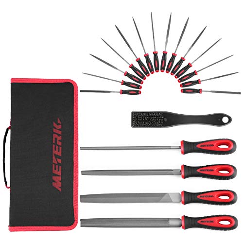 Juego de Limas Meterk 19pcs T12 Acero al Carbono, 4 Limas Planos/Semicirculares/Redondos/Triangulares, 14 Limas de Agujas, Cepillo y Bolsa de Almacenamiento para Madera/Metal/Plástico Juego de Limas Meterk 19pcs T12 Acero al Carbono, 4 Limas Planos/Semicirculares/Redondos/Triangulares, 14 Limas de Agujas, Cepillo y Bolsa de Almacenamiento para Madera/Metal/Plástico