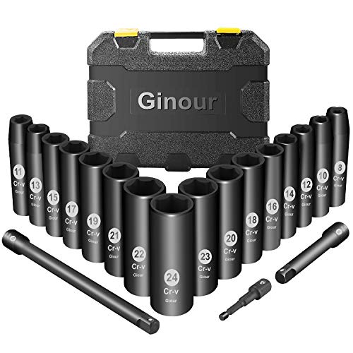 Juego de Llaves de Vaso de Impacto, 19Pcs Ginour Vasos de Impacto, Profundo de 1/2" Profesionales, Máximo 6 Puntos torque, con 3, 5, 10-inch Barras de Extensión, para reparación de autos o muebles Juego de Llaves de Vaso de Impacto, 19Pcs Ginour Vasos de Impacto, Profundo de 1/2" Profesionales, Máximo 6 Puntos torque, con 3, 5, 10-inch Barras de Extensión, para reparación de autos o muebles