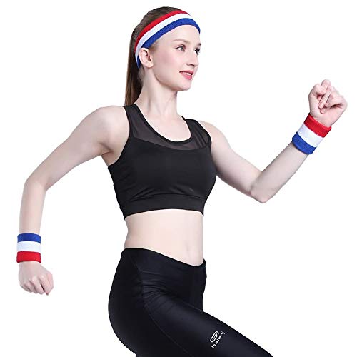 Juego de Muñequeras, Incluye 1 Piezas Diadema Deportiva y 2 Piezas Muñequera de Pulsera Diademas de Rayas Ejercicio Sweatband Banda de Sudor para Hombres y Mujeres Baloncesto Fútbol Tenis Yoga Correr