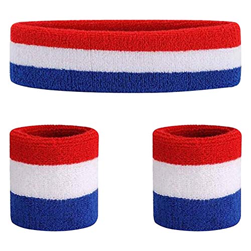 Juego de Muñequeras, Incluye 1 Piezas Diadema Deportiva y 2 Piezas Muñequera de Pulsera Diademas de Rayas Ejercicio Sweatband Banda de Sudor para Hombres y Mujeres Baloncesto Fútbol Tenis Yoga Correr