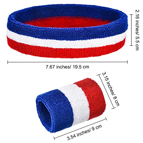 Juego de Muñequeras, Incluye Diadema Deportiva y Muñequera de Pulsera de Algodón Colorida Banda de Sudor para Hombres y Mujeres (Rojo, Blanco y Azul, 6 Piezas)