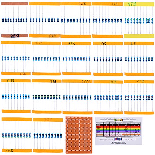 Juego de Resistencias Surtido de 17 Valores kuman, 0 Ohm-1M Ohm (Paquete de 525) con Soldadura Terminado 5x7cm PCB Placa de Circuito Placa de Mando para Arduino Rasbperry PI K78