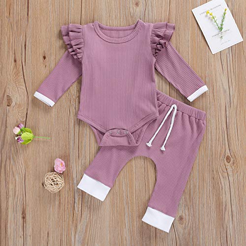 Juego de ropa para bebé recién nacido, 2 piezas, con volantes de manga larga, pantalones para mameluco Juego de ropa para bebé recién nacido, 2 piezas, con volantes de manga larga, pantalones para mameluco