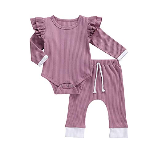 Juego de ropa para bebé recién nacido, 2 piezas, con volantes de manga larga, pantalones para mameluco Juego de ropa para bebé recién nacido, 2 piezas, con volantes de manga larga, pantalones para mameluco